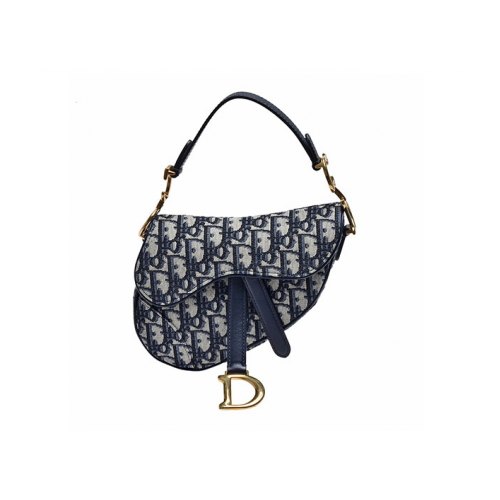 Dior 經典SADDLE系列OBLIQUE緹花布小牛皮飾邊手提包(迷你_藍)