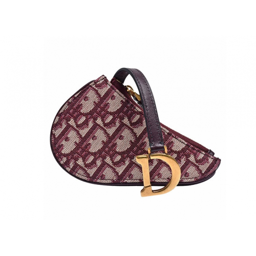Dior Saddle系列經典OBLIQUE緹花布小牛皮飾邊拉鍊零錢包(紅)