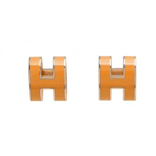 HERMES 經典POP立體H LOGO簍空橢圓穿式耳環(柑橙色X金)