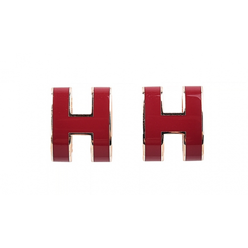 HERMES愛馬仕POP H字母立體簍空橢圓LOGO穿式耳環(石榴紅x玫瑰金)