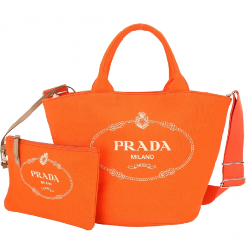 PRADA Giardiniera 小型 單寧帆布印花兩用包(附萬用包/陽光橘)