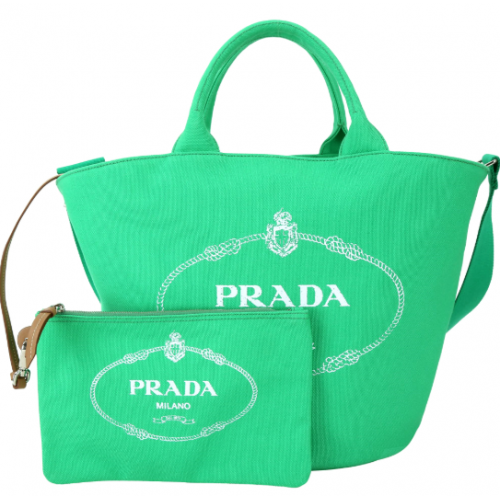 PRADA Giardiniera 中型單寧帆布印花兩用包(附萬用包/綠色)