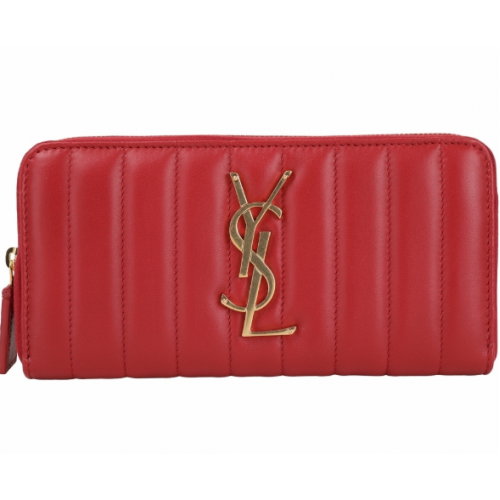 YSL Saint Laurent VICKY 衍縫小羊皮拉鍊長夾(紅色)